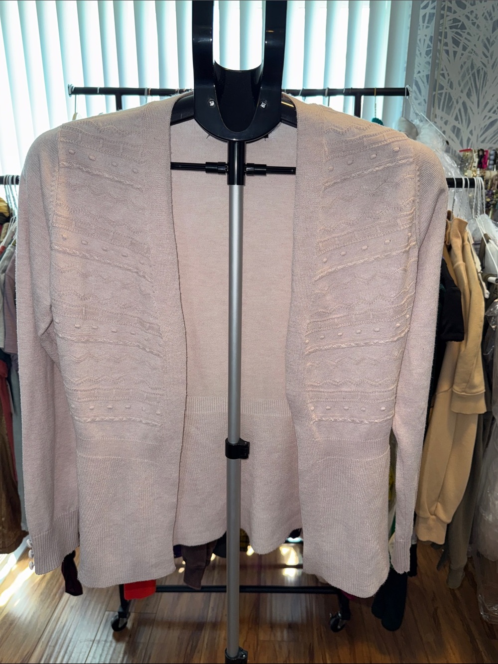 Open-Front Textured Knit Cardigan Sweater - Light Pink
